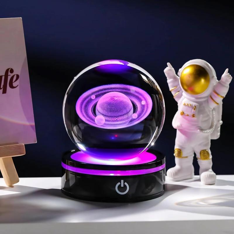 3D Saturn Planet Crystal Ball Night Light with LED Colorful Lighting Touch Base 6cm Saturn Lamp Glass Sphere Lamp Astronomy Space Christmas Ornaments