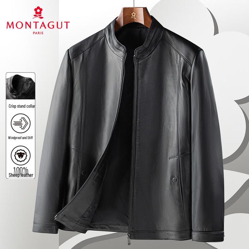 

MONTAGUT Men s Genuine Sheepskin Stand-Collar Leather Jacket L