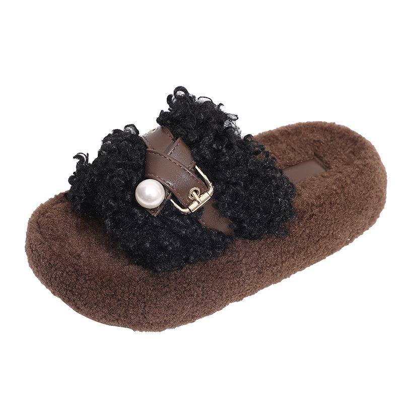 Thick-bottomed Fluffy Slippers for Women's Outerwear 2025 Autumn New Fashion Belt Buckle Lazy Casual Teddy Curly Slippers