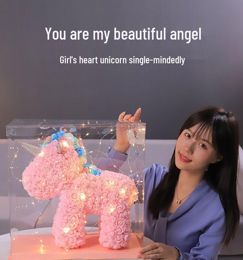 Qixi Unicorn Rose Preserved Flower & Teddy Bear Gift Set for Girlfriend or Kids