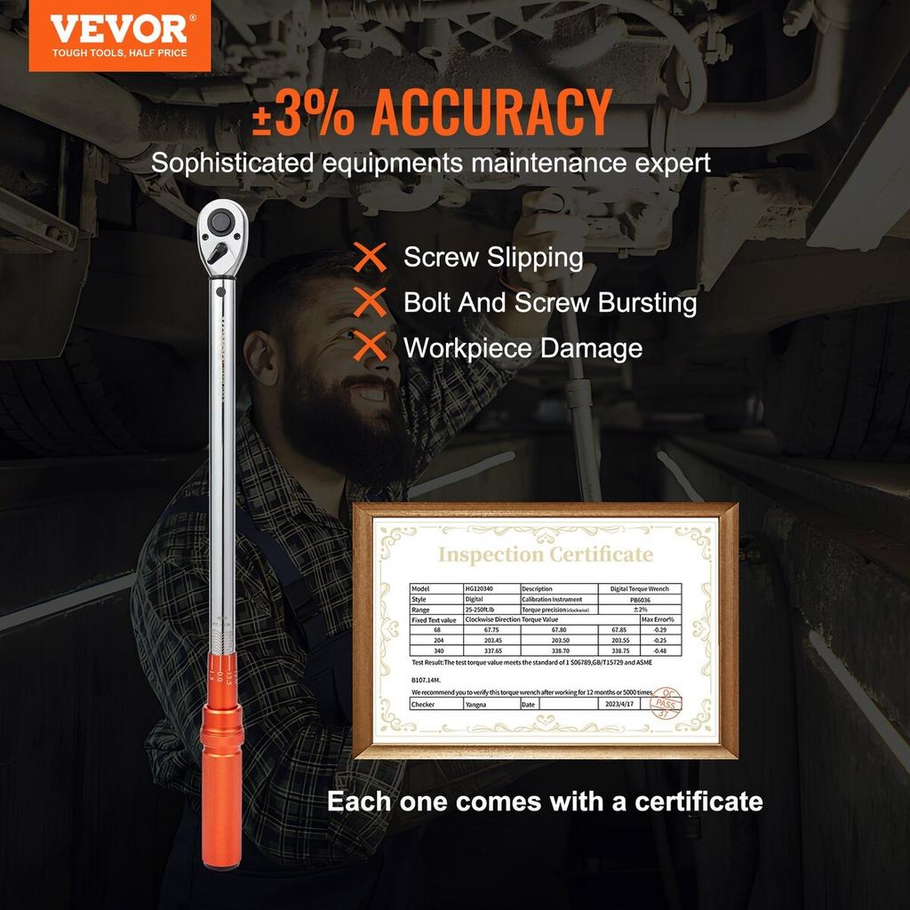 Torque Wrench, 1/2-inch Drive Click Torque Wrench 20-250ft.lb/34-340n.m, Dual-Direction Adjustable Torque Wrench Set, Mechanical Dual Range Scales