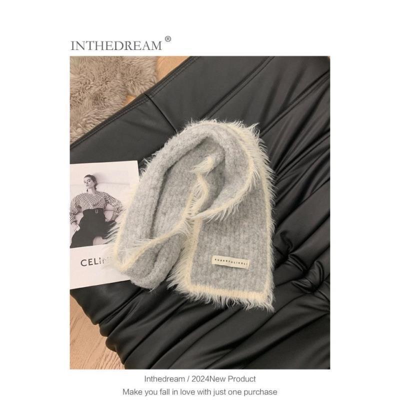 New Knitted Fur Edged Starlight White Wool Scarf for Women In Winter Warm and Versatile Small Scarf Campus Fresh