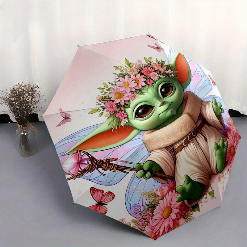 Yoda,Floral Fantasy Fully automatic themed umbrella - 8 ribs durable iron frame, tri-fold compact design, perfect as a gift, travel umbrella