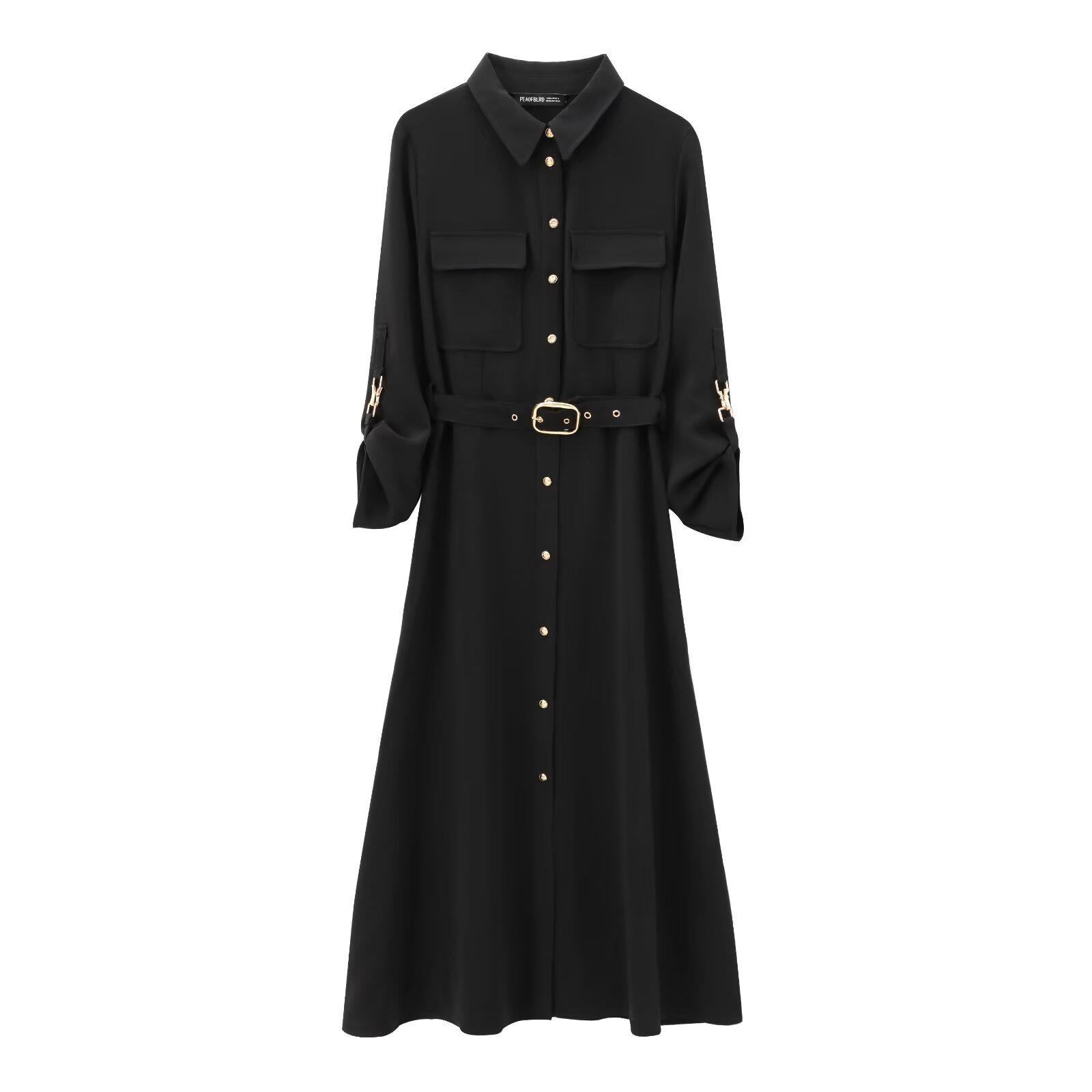 

Женское миди-платье в европейском и американском стиле на осень 2024 года с поясом и отложным воротником и длинным рукавом L чёрный