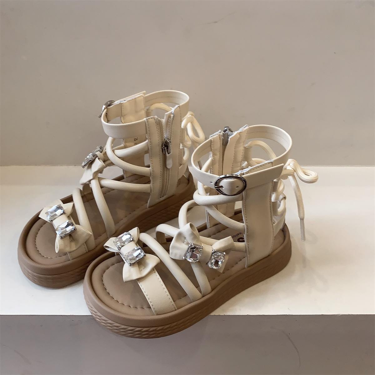 

2026 Bow Summer Classmate Girls Sandals Girls Low Roman Cool Boots 26 бежевый