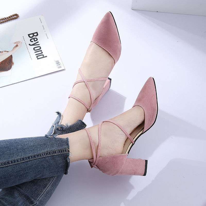 2025 Spring and Summer New Hollow Sandals Cross-strap Single Shoes Versatile Pointed One-word Buckle Korean Version of Thick-heeled Women's Shoes