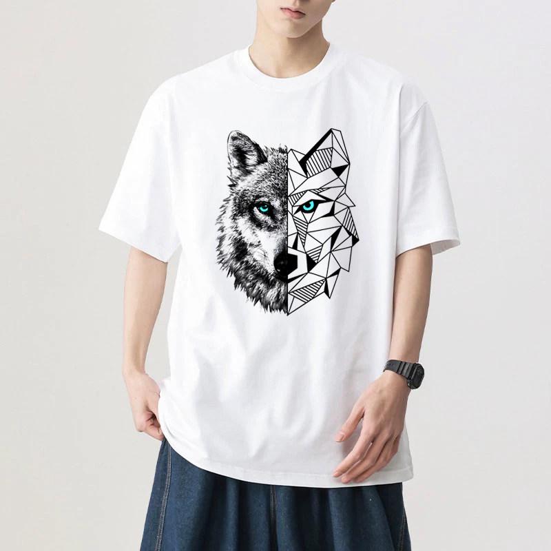 Classic Trendy Brand Style Geometric Wolfhead Print Tshirt for Children and Adults Made of Pure Cotton with a Round Collar