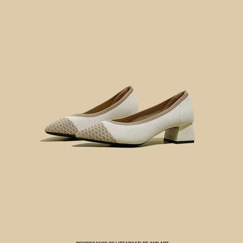 Fashion Spring and Autumn Women High Shoes 2025 New Fashion Pointed Knitting Breathable Comfortable Anti-skid Rubber Soled Work Shoes