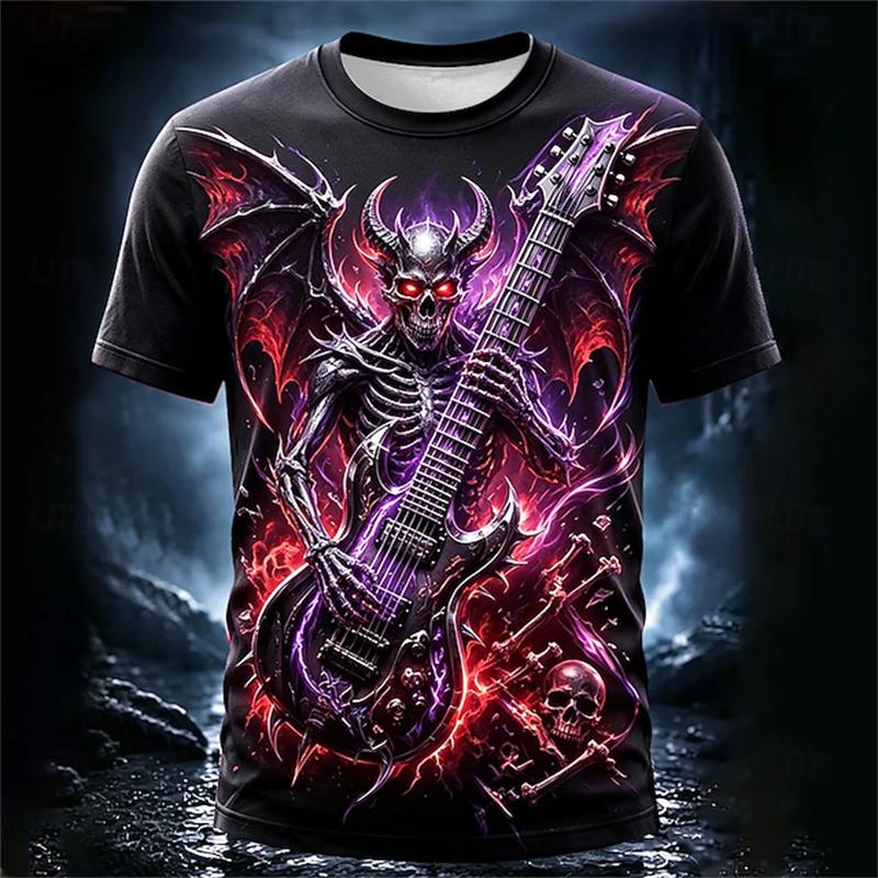 2026 Summer 3D Skull Print with Fire Pattern Men's T-Shirt - Stylish Round-Neck Short-Sleeve T-Shirt - Spooky Halloween Top