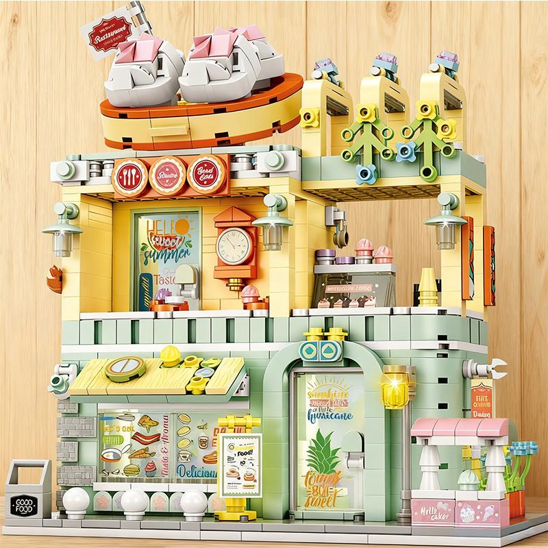 Restaurant Dessert Coffee Pet Fruit Store Street View Food House Building Blocks Kit Girls Bricks Model Kids Toy Boy Child Gifts