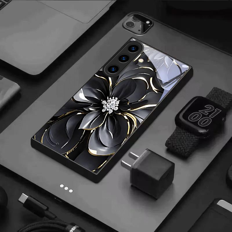 Midnight Gilded Petals Black Glass Phone Case For For Samsung Galaxy S26 S25 S26Ultra S25 Edge S24 FE S23 S22 S21 S20 Plus Cover