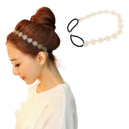 Lady Girl Fashion Sweet Metal Hollow Rose Flower Elastic Hair Band Headband