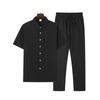 Men's Casual Striped Short Sleeve Sweatshirt with Button Down Shirt Collar and Elastic Waistband Pants In Polyester Textile Elastane Blend Two-Piece
