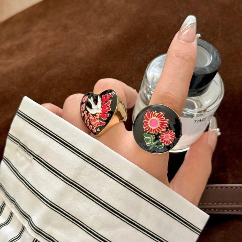Schöner Luxus Retro Tropfölring Vintage Herz Emaille Ring Schwalbe Blume Klobiger Ring Dekoration
