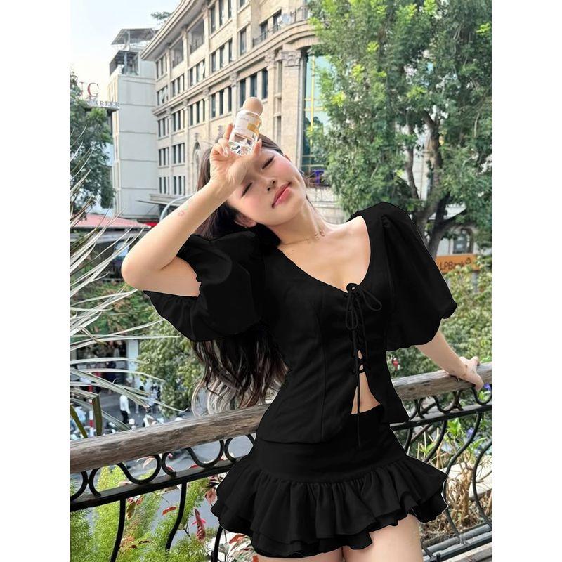 Lanyi Xinsheng French style Style Palace Extended Style Gentle Temperament Lace-up Puff sleeve Shirts Frill Skirt Set