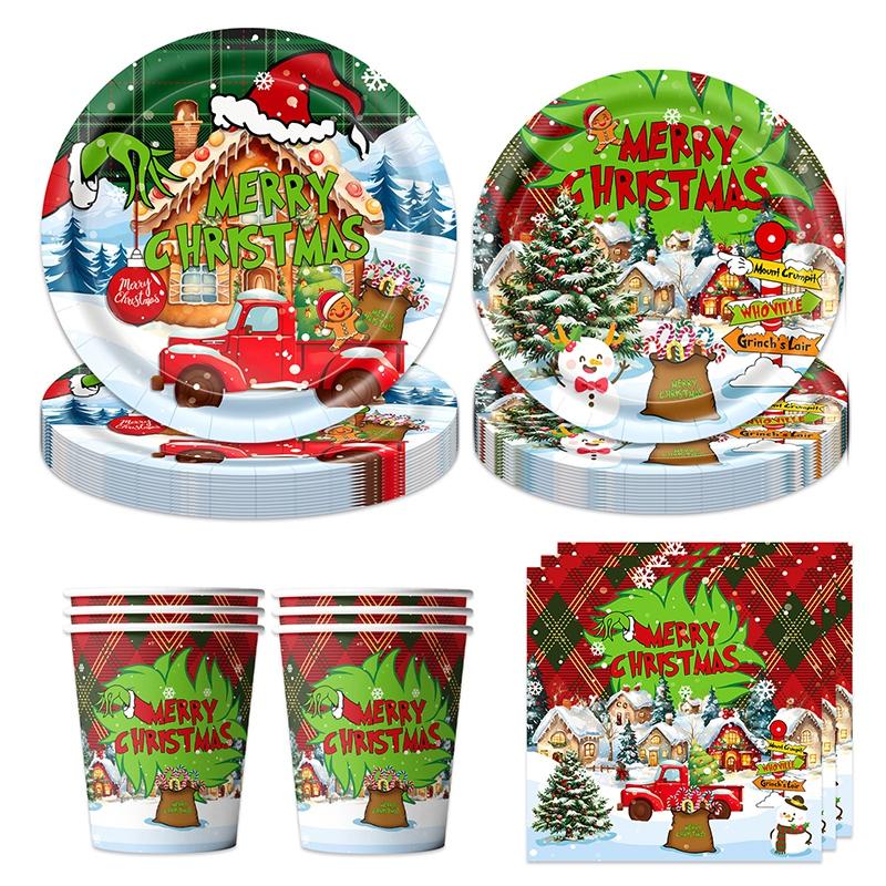 Christmas Themed Party Decor Banners Tablecloths Paper Plates Cups Balloons Set Checkered Christmas Santa Claus Reindeer Snowmen