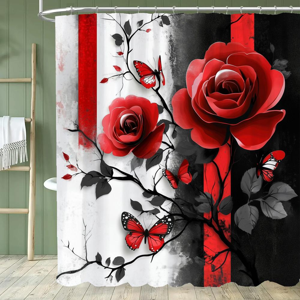 Blue Flowers and Butterflies Shower Curtain Bath Curtain Printed Polyester Floral Bathroom Curtains for Home Decoration Curtain