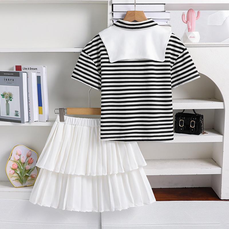 Girls' Sweet Set 2025 Summer Children's Fashion Shawl Striped Short Sleeve Top Cake Skirt Three-piece Set