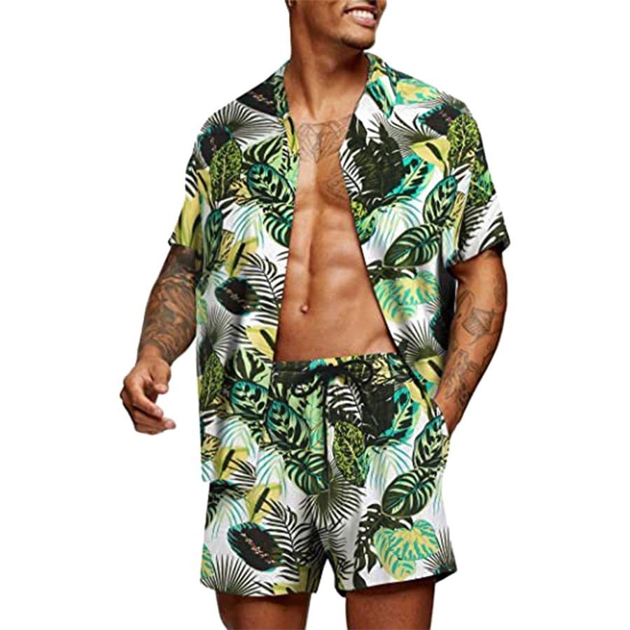 Men's Hawaiian Shirt Set Short-Sleeve Shirt Hawaiian Casual 3D Linen Palm Print Set