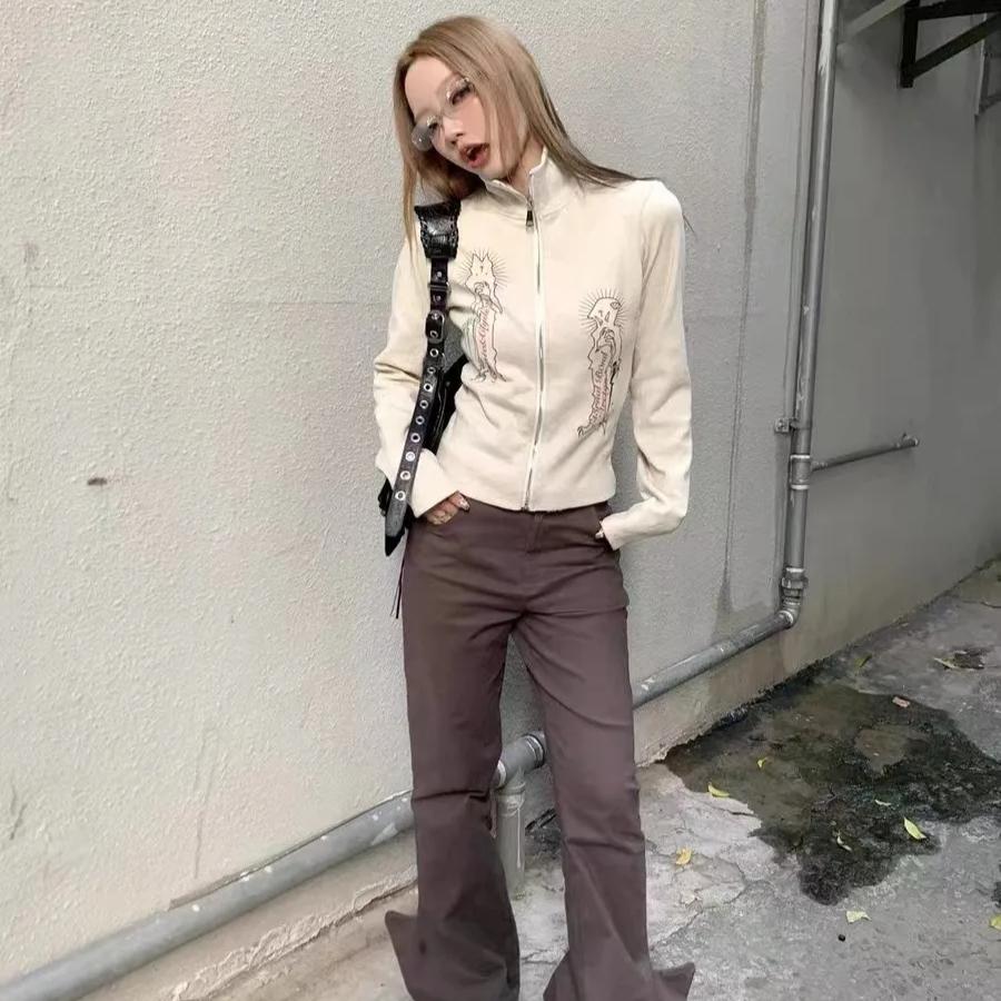 2KWEIRD Harajuku Turtleneck Cardigan Vintage Grunge Print Jacket Fairycore Y2k Ribbed Cardigans E-girl Graphic Clothes