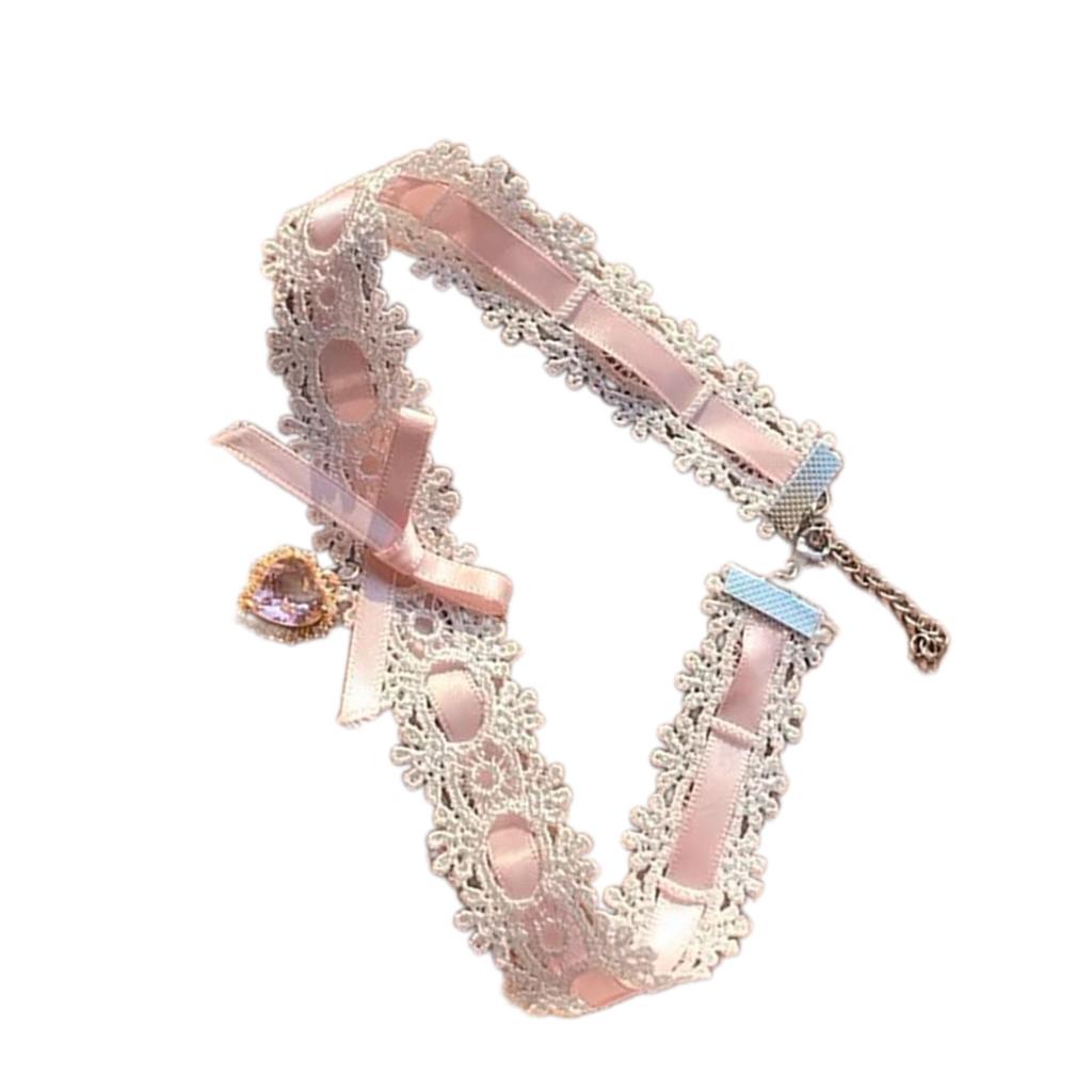 Bowknot Heart Pendant Necklace Adjustable Bow Neckchain for Women Elegant Lace Collarbone Chain Choker Accessories