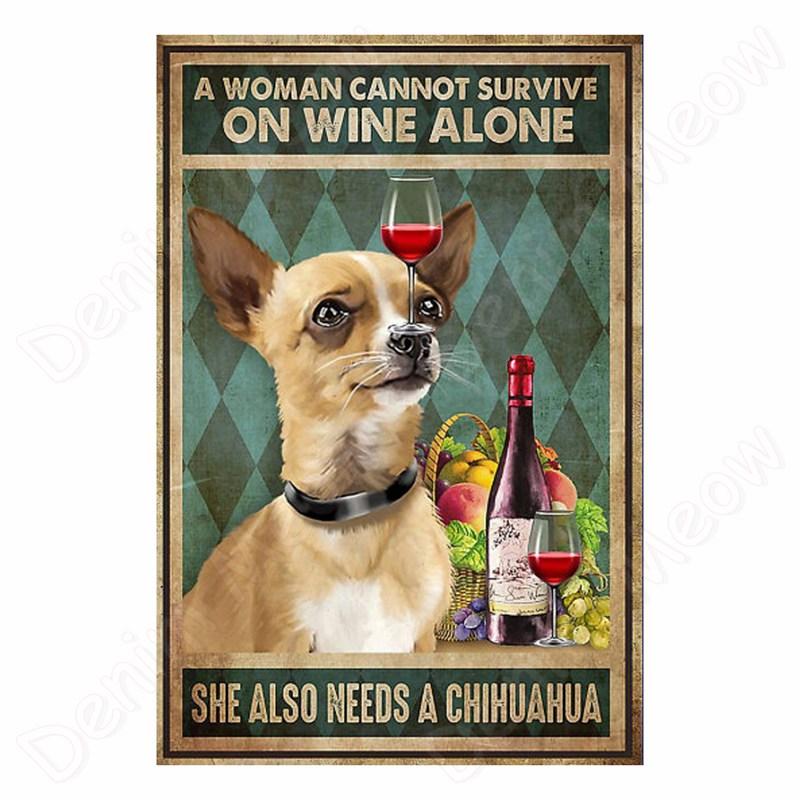 Vintage Bulldog Tin Sign for Home Wall Decor, A Woman Cannot Survive On Wine Alone, Funny Cat, Dog Metal Sign, Bar Decor