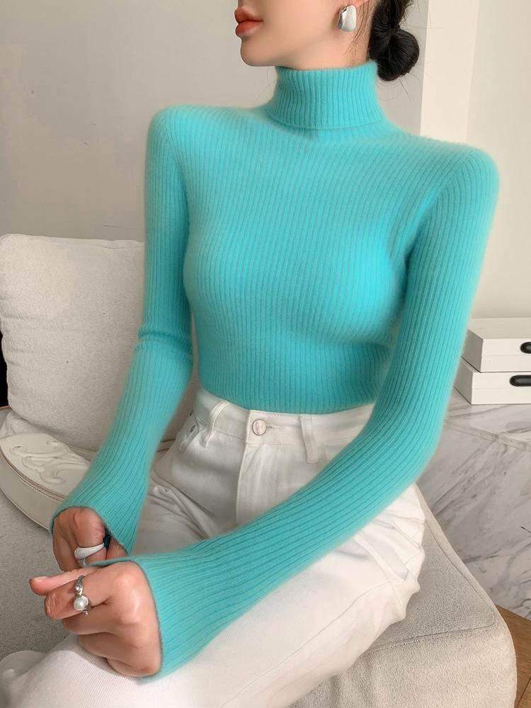 Women's Seamless Cashmere High-Neck Ribbed Sweater, Slim Fit, Body-Shaping, Slouchy Neck, Knit.