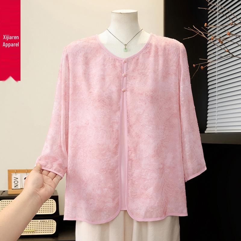 Mom's 2026 Chic Summer Chiffon Blouse: Elegant Two-Piece Style for Middle-Aged Women