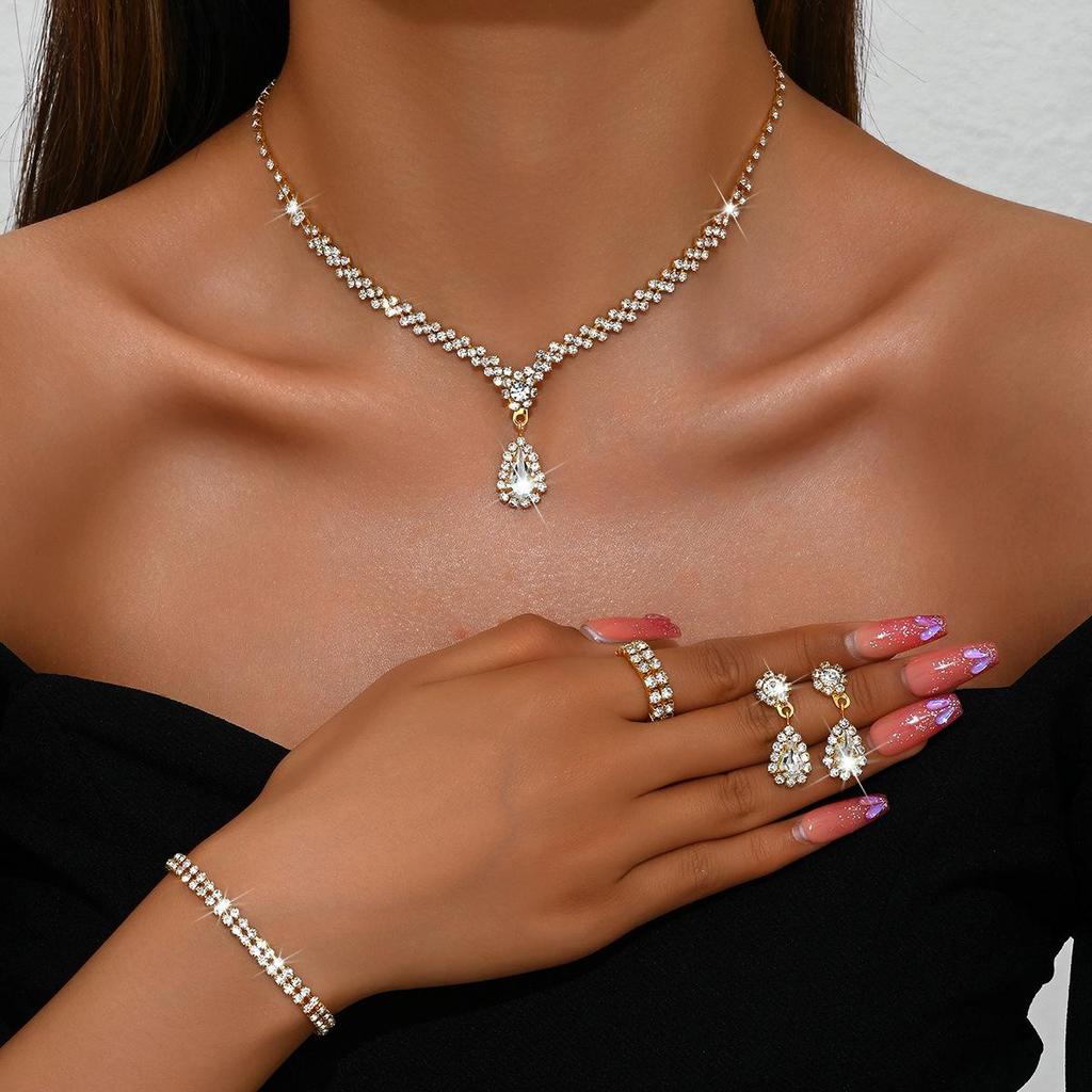 European-American Bridal Jewelry Set: Necklace, Bracelet, Ring, Zircon Earrings - Perfect for Weddings and Evening Dresses