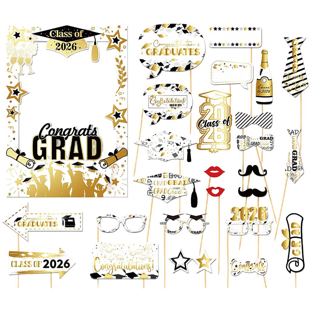 Graduation Party Photo Booth Props Set for Class of 2026 with Glasses Hats Signs and Decorative Accessories for Graduation Events