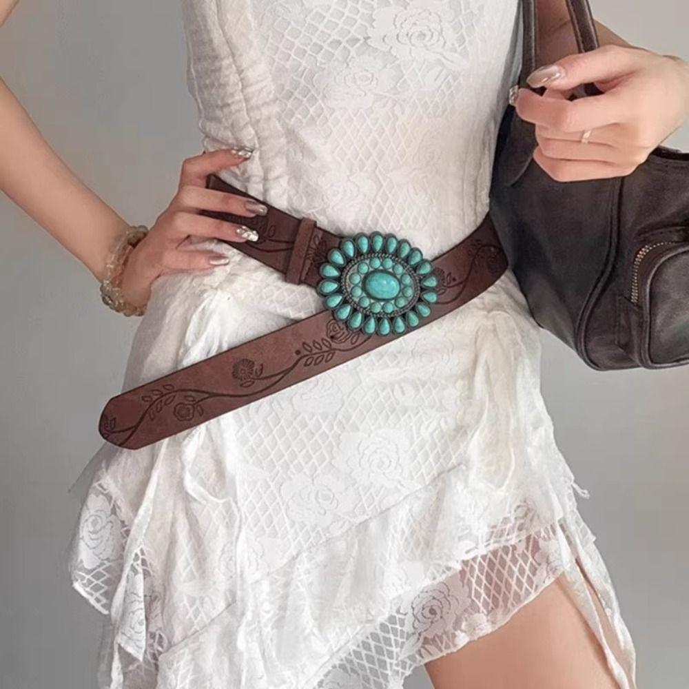 Adjustable Waist Belt Oval Turquoise Buckle Dress Waistband Niche Accessories