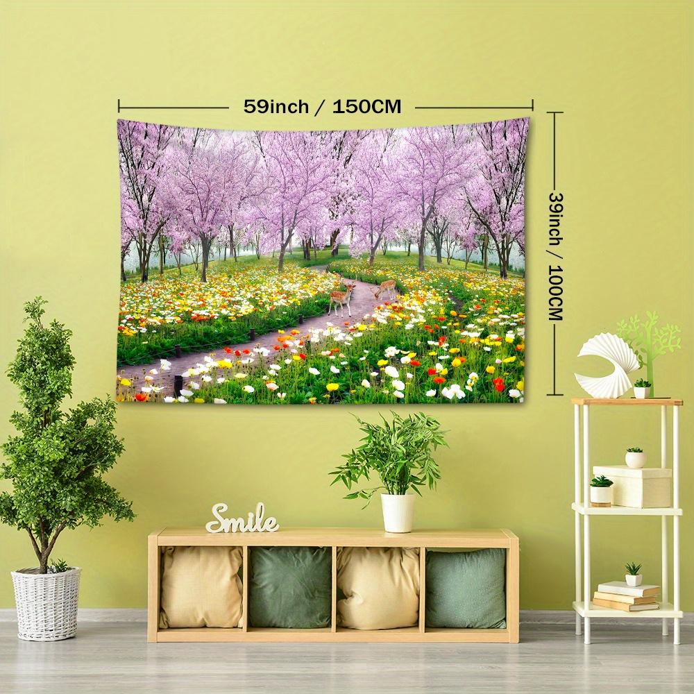 1pc Green Grassland Cherry Blossom Tree Tapestry Wall Hanging, Room Decor, Bedroom Decor, Living Room Background, Natural Style Backdrop Cloth, Tapest
