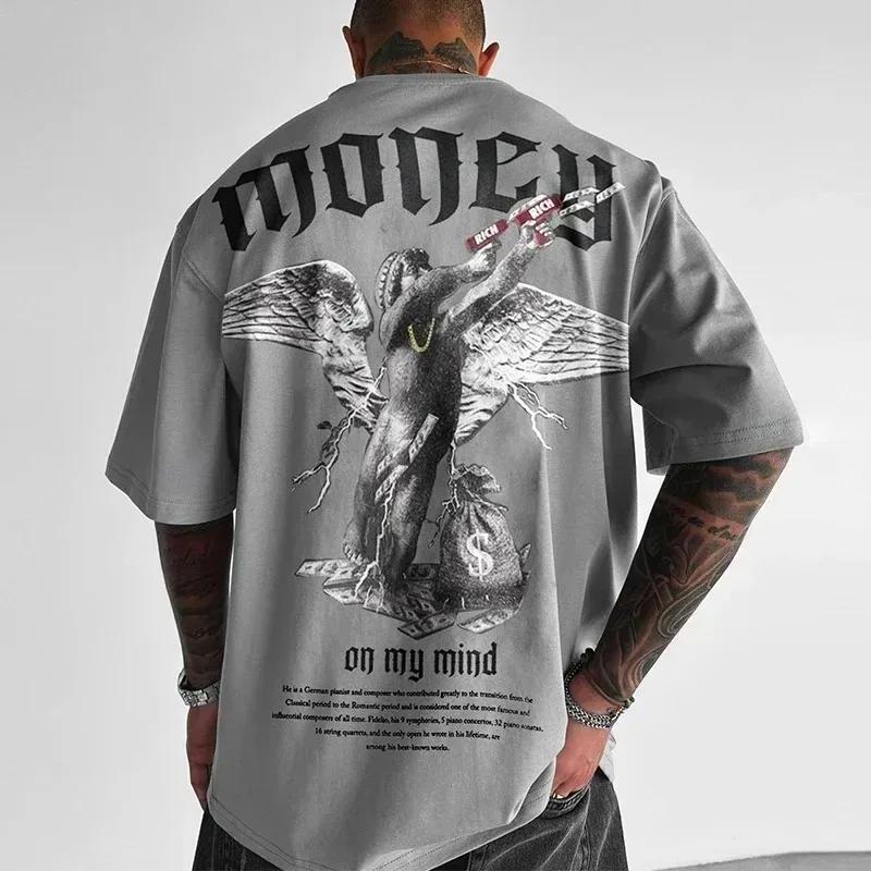 Oversize Streetwear Men Money Angel Print T Shirts Short Sleeve O Neck Tee Tops Summer Fashion Trend Clothing for Mens Loose Fat