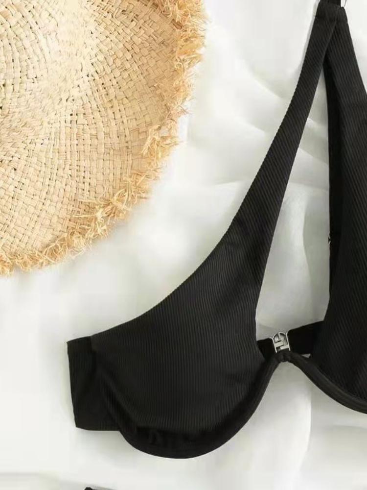 Nouvel Été Nouveau Bikini Fête de Plage Sexy Dames Maillot de Bain Deux Pièces Couleur Unie Une Épaule Ensembles Soutien-Gorge Français Femmes Découpé Y2k Vêtements Féminins