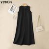 VONDA Women Round Neck Sleeveless Solid Color Casual Long Tunic Dress