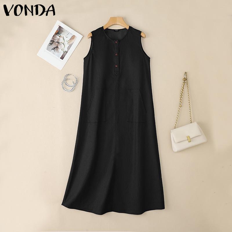VONDA Women Round Neck Sleeveless Solid Color Casual Long Tunic Dress