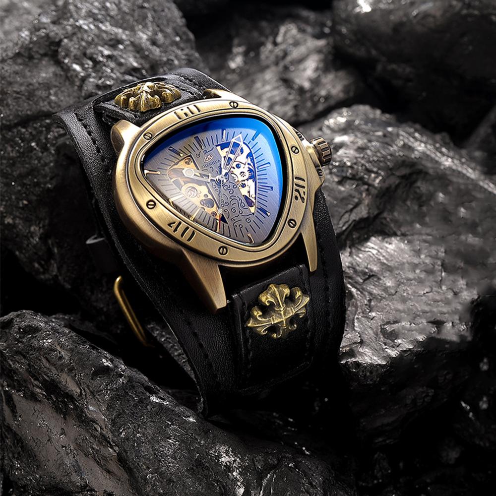 Novo Relógio Mecânico Masculino Moda Personalizada Triângulo Vazado Luz Noturna Lazer Retrô Mecânico Totalmente Automático