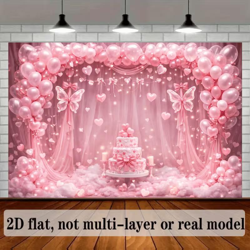 2D Pink Butterfly Happy Birthday Backdrop Heart Balloon Photography Background for Party