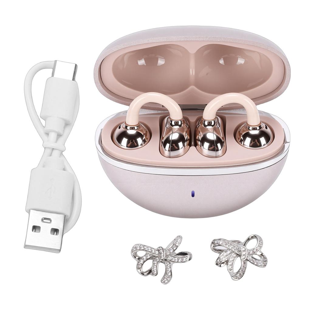 Bluetooth Earphone V6.0 Clamp On Earbuds Intelligent Noise Cancelling with Detachable Bowknot 4H Playtime 10 15m Range