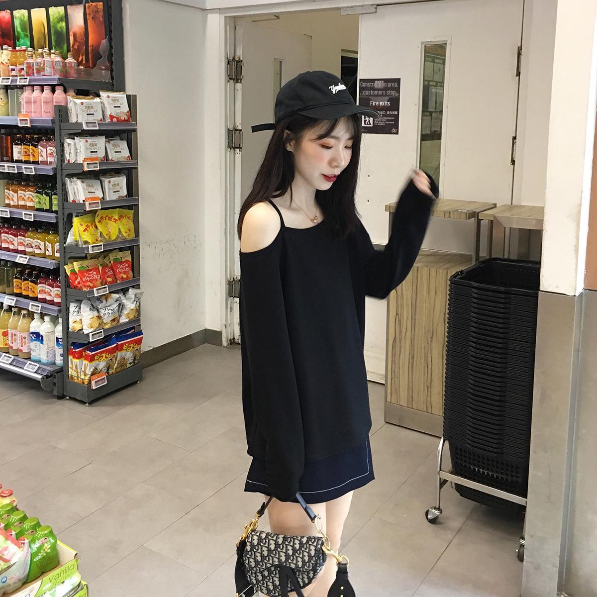 

Женский топ с открытыми плечами, на тонких бретелях, с длинными рукавами - Осенняя защита от солнца, Простой однотонный XL чёрный