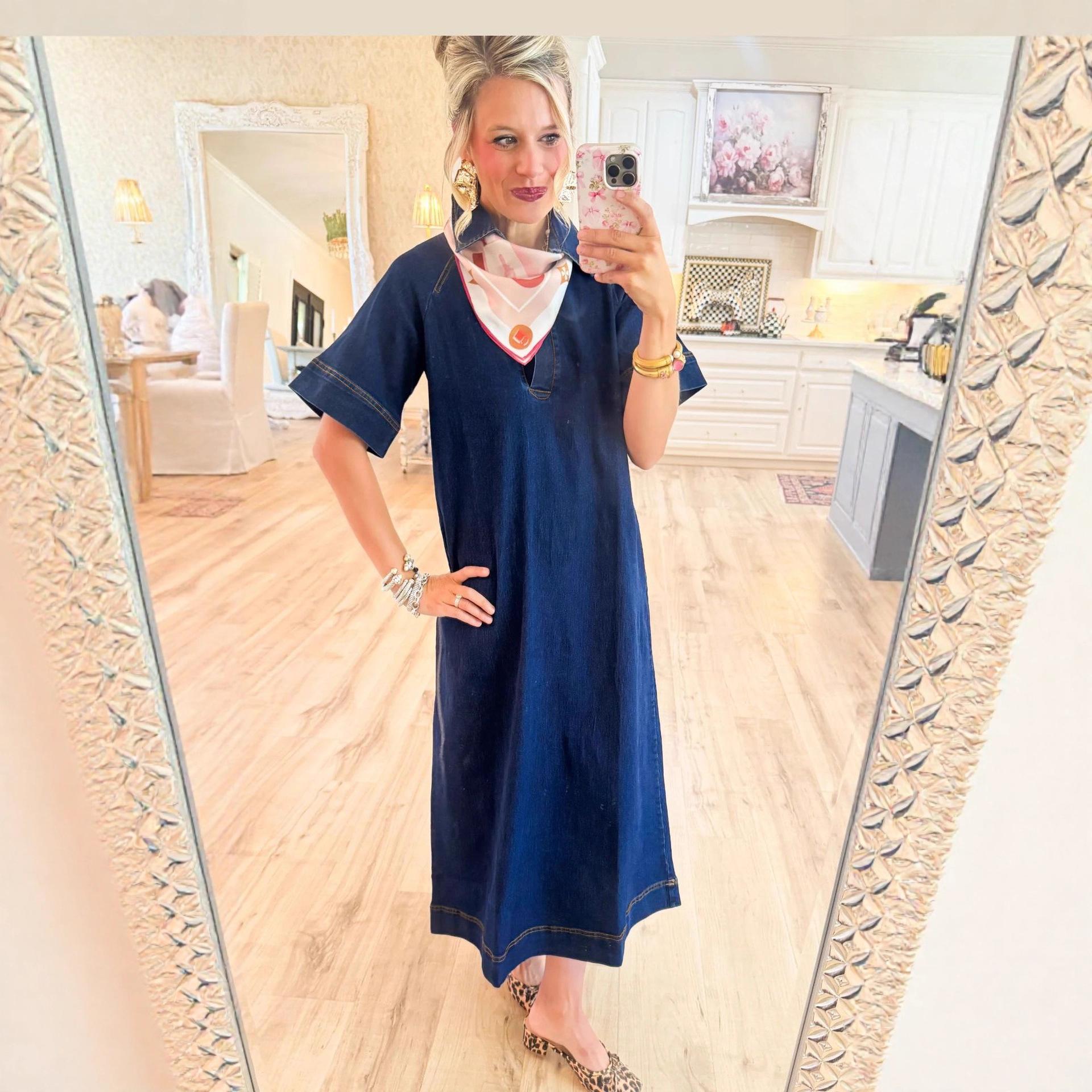 

Новое осеннее модное джинсовое платье с ретро-воротником поло и полуоткрытой юбкой миди с короткими рукавами для женщин XXXL темно-синий