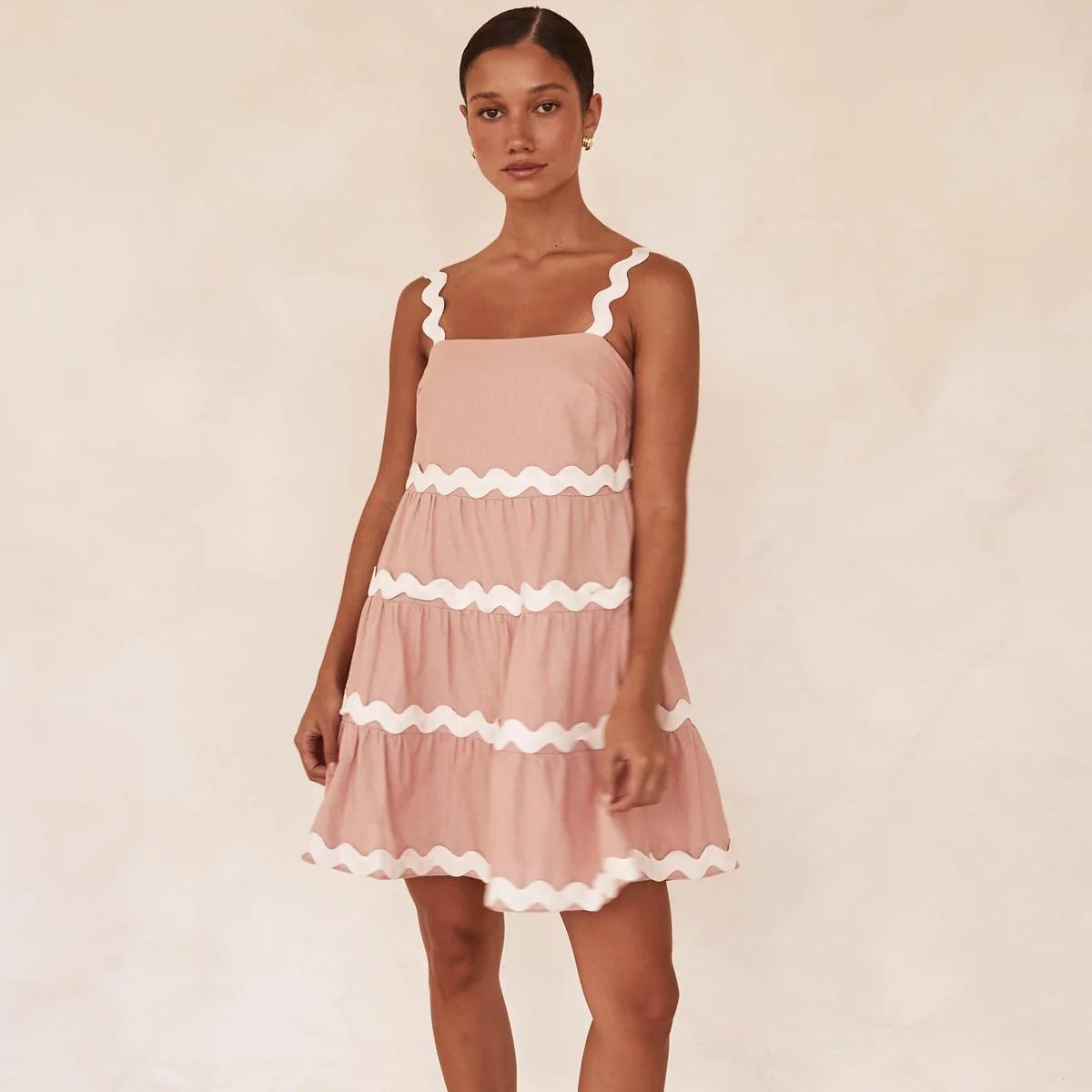 

Женское весеннее платье без рукавов в стиле пэчворк с одним воротником на подтяжках, летнее повседневное платье А-силуэта с открытой спиной и высокой талией, свободные короткие платья S-XL XL розовый