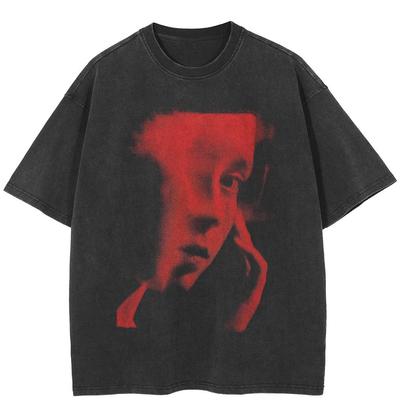 Streetwear Half Face Vintage Washed Black T-shirt Bawełna Y2K Unisex Luźne dopasowanie Topy Koszulki
