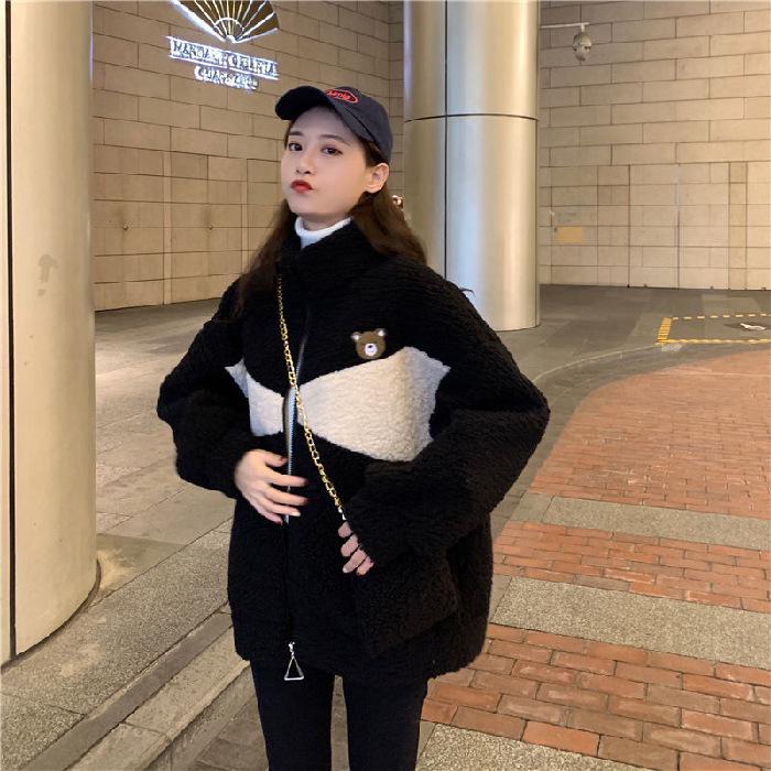 Zimowa Zagęszczona Kurtka z Długim Rękawem ze Sztucznego Futra Jagnięcego Damska Luźna Wzór Misia Bawełniany Płaszcz Uroczy Design w Bloki Kolorystyczne