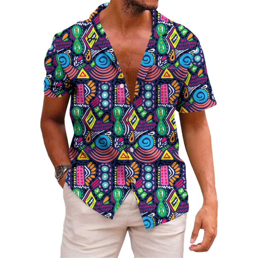 Hawaiian Mens Shirts Lapel Short-Sleeved Shirt Mexican Style Clothing Casual Loose Button-Down Shirt