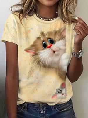 Camiseta feminina com estampa de gato, design harajuku, casual, manga curta, top, tendência da moda, tamanho grande, roupas femininas