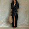 Women's Satin V-Neck Blouse and Side Split Skirt Set with Pocket for Casual Everyday Wear