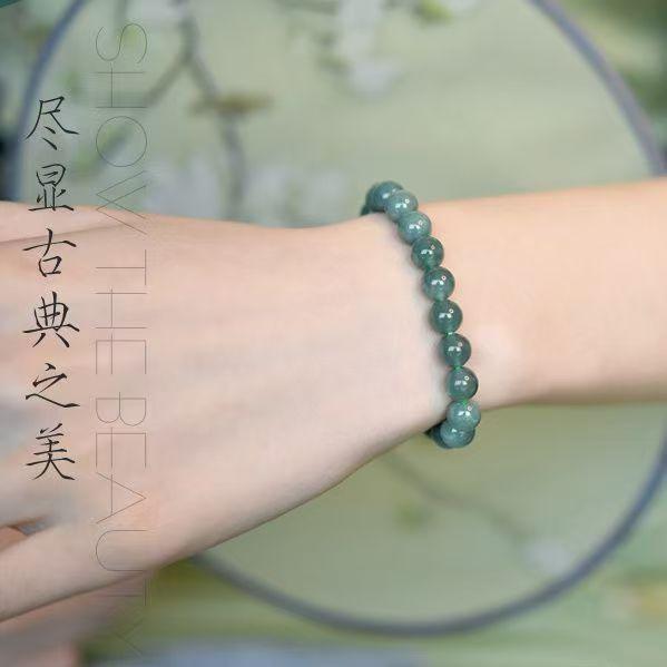 New imitation blue water jadeite chalcedony bracelet, enhances complexion and elegance, round beads, new Chinese style, unisex ice jadeite bracelet