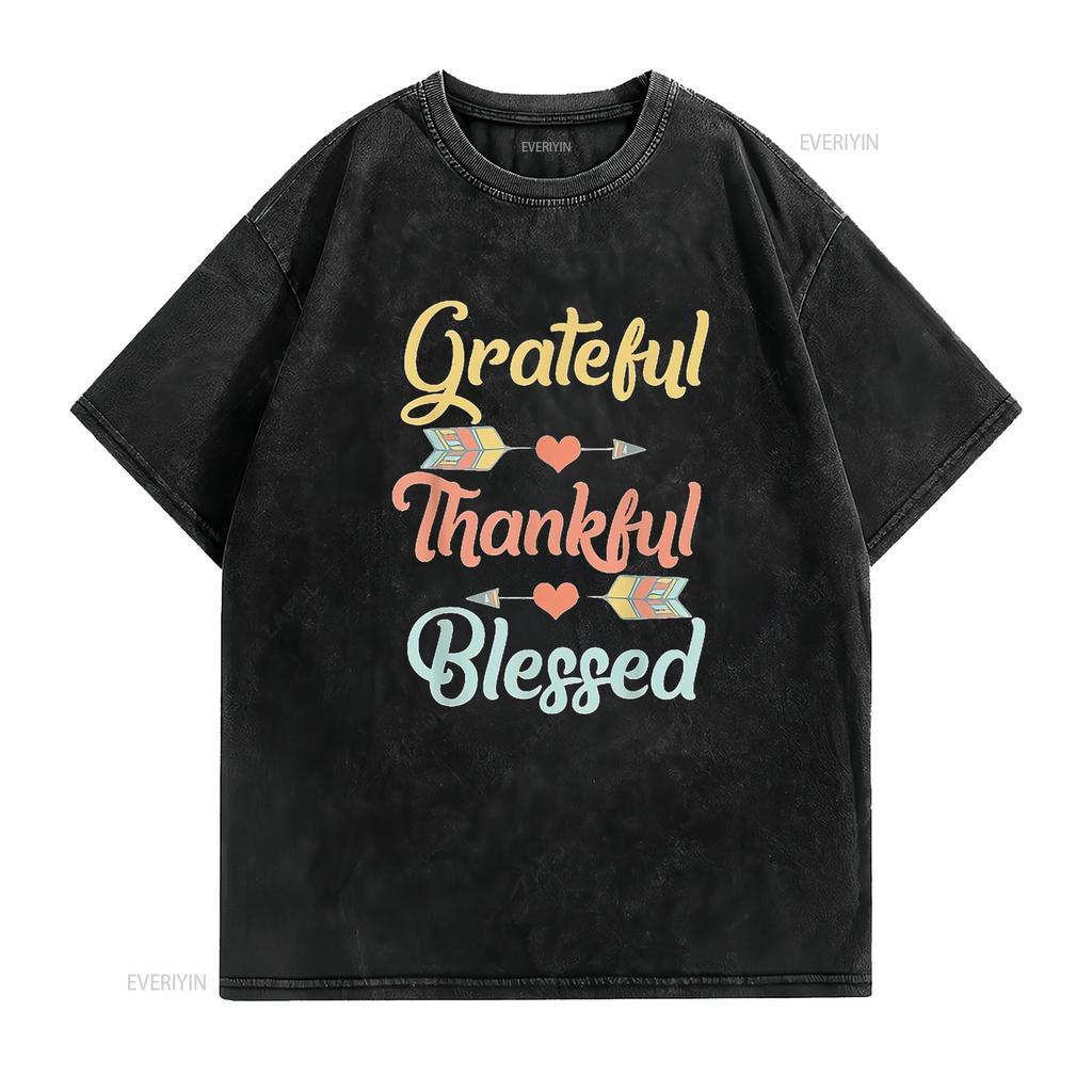Womens Grateful Thankful Blessed T Shirt Cool Thanksgiving Day Black 2X Large vintage Washed streetwear Comfortable homme