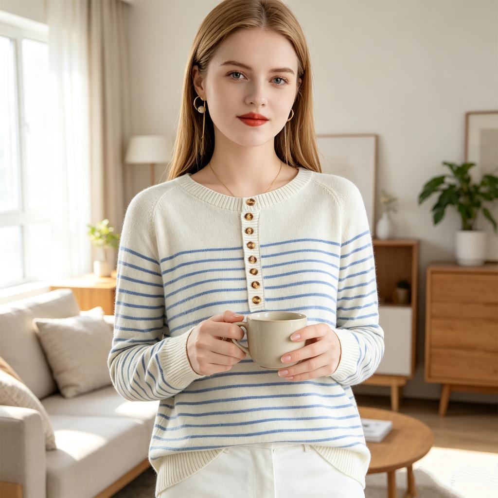 Women's Casual Striped Knit Top with Button Front and Round Neck Loose Fit for Everyday Wear